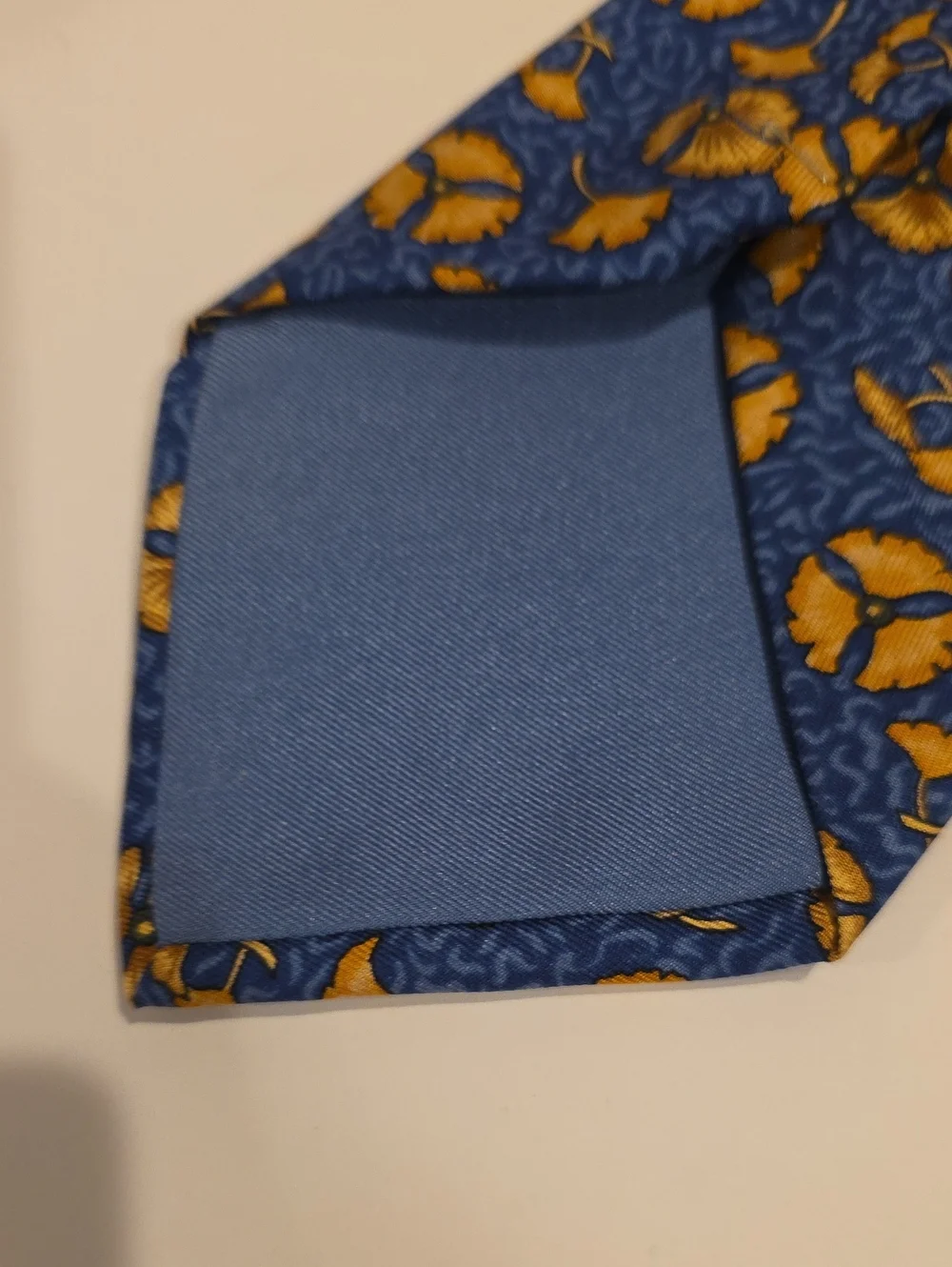 Hermes Flower Tie Silk Made In France Gold And Navy Blue Floral Pattern Authenti